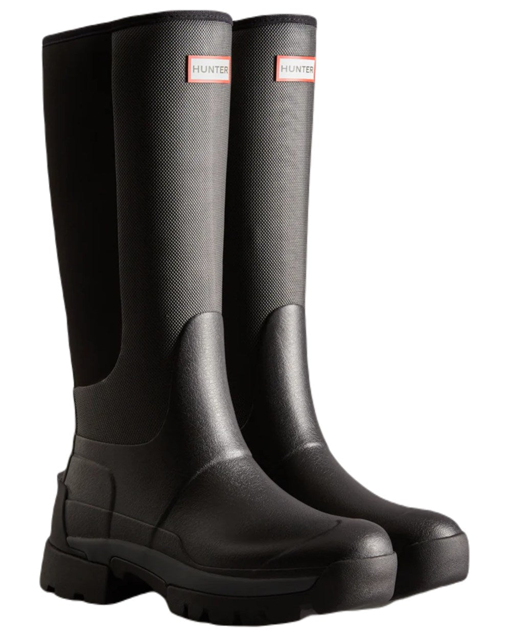 Black coloured Hunter Womens Balmoral Hybrid Tall Wellington Boots on white background #colour_black