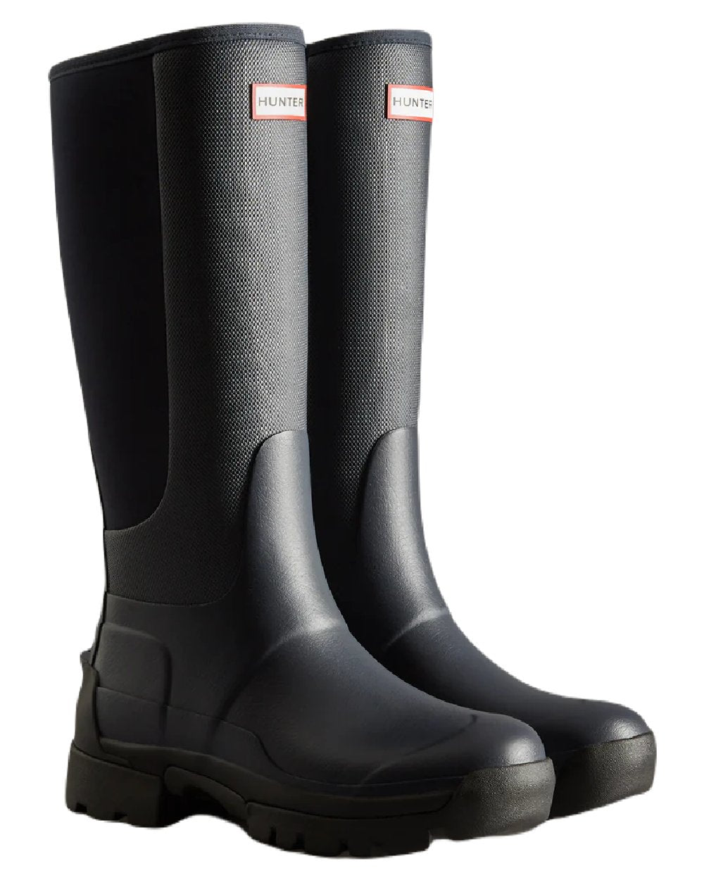 Navy coloured Hunter Womens Balmoral Hybrid Tall Wellington Boots on white background #colour_navy