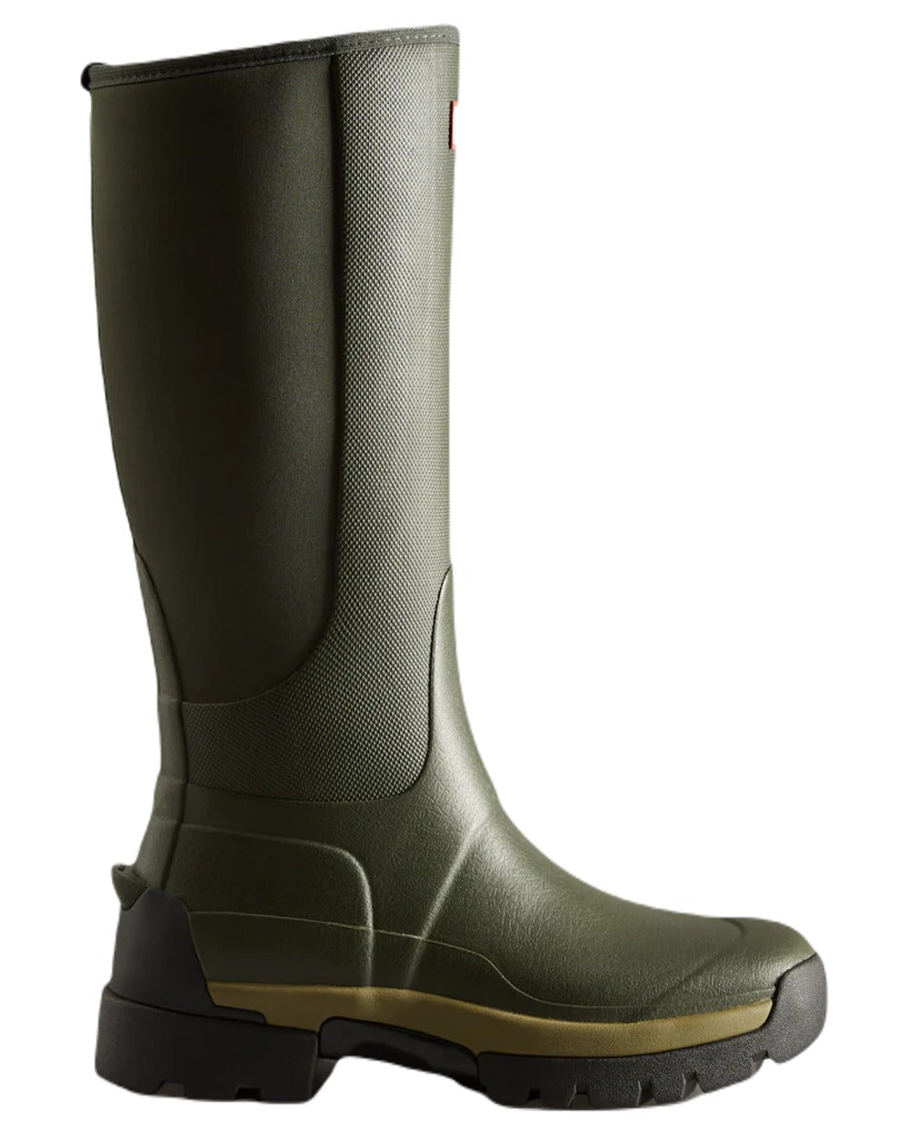 Olive coloured Hunter Womens Balmoral Hybrid Tall Wellington Boots on white background #colour_olive