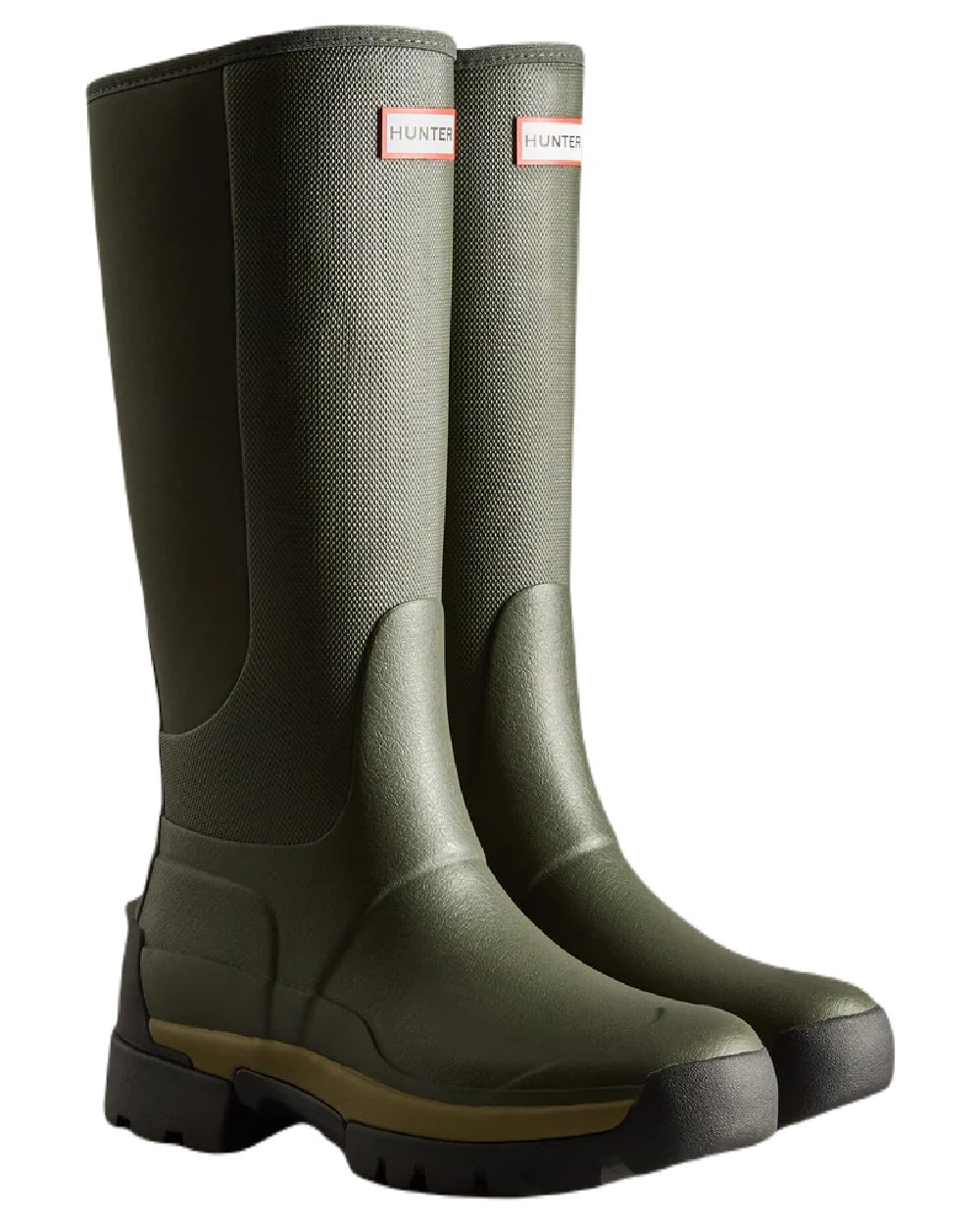 Olive coloured Hunter Womens Balmoral Hybrid Tall Wellington Boots on white background #colour_olive