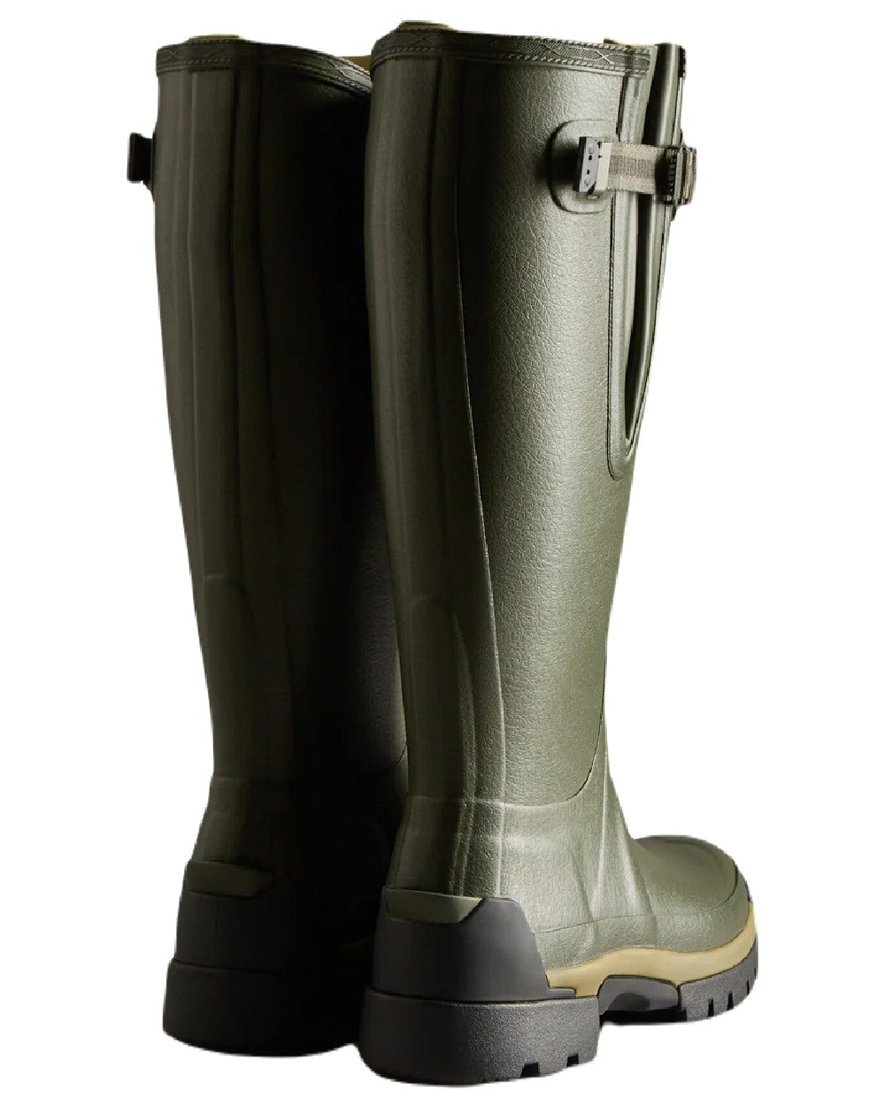 Dark Olive coloured Hunter Womens Balmoral Neoprene Adjustable Wellingtons on white background #colour_dark-olive