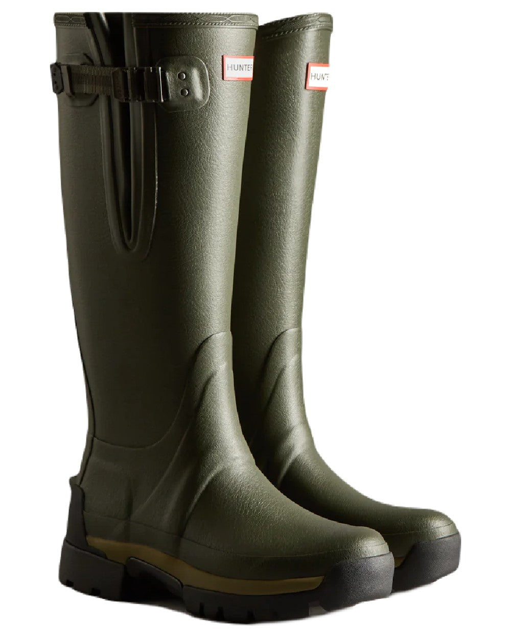 Dark Olive coloured Hunter Womens Balmoral Neoprene Adjustable Wellingtons on white background #colour_dark-olive