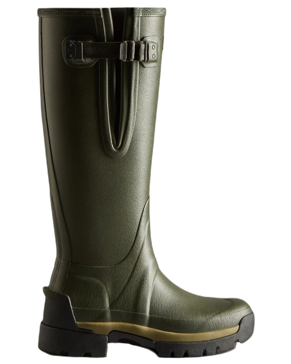 Dark Olive coloured Hunter Womens Balmoral Neoprene Adjustable Wellingtons on white background #colour_dark-olive