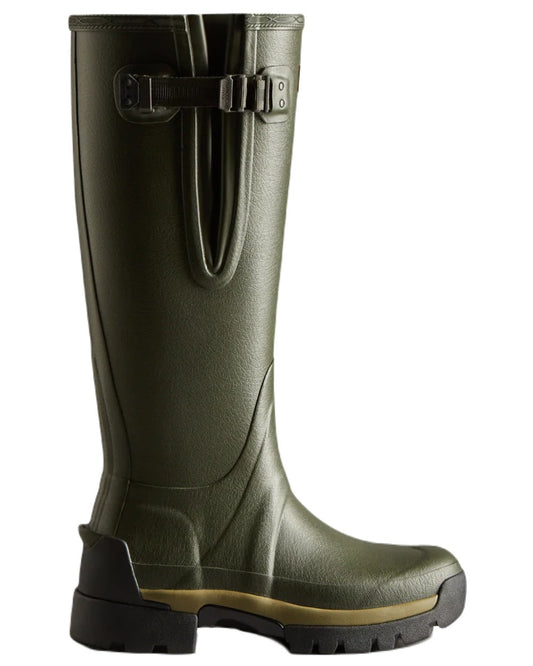 Dark Olive coloured Hunter Womens Balmoral Neoprene Adjustable Wellingtons on white background #colour_dark-olive