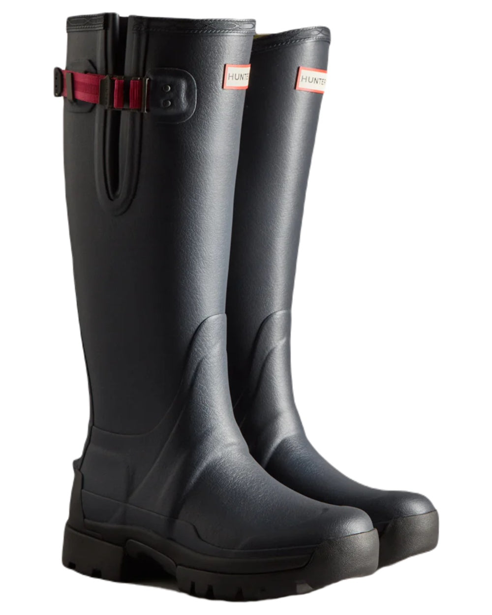 Navy coloured Hunter Womens Balmoral Neoprene Adjustable Wellingtons on white background #colour_navy