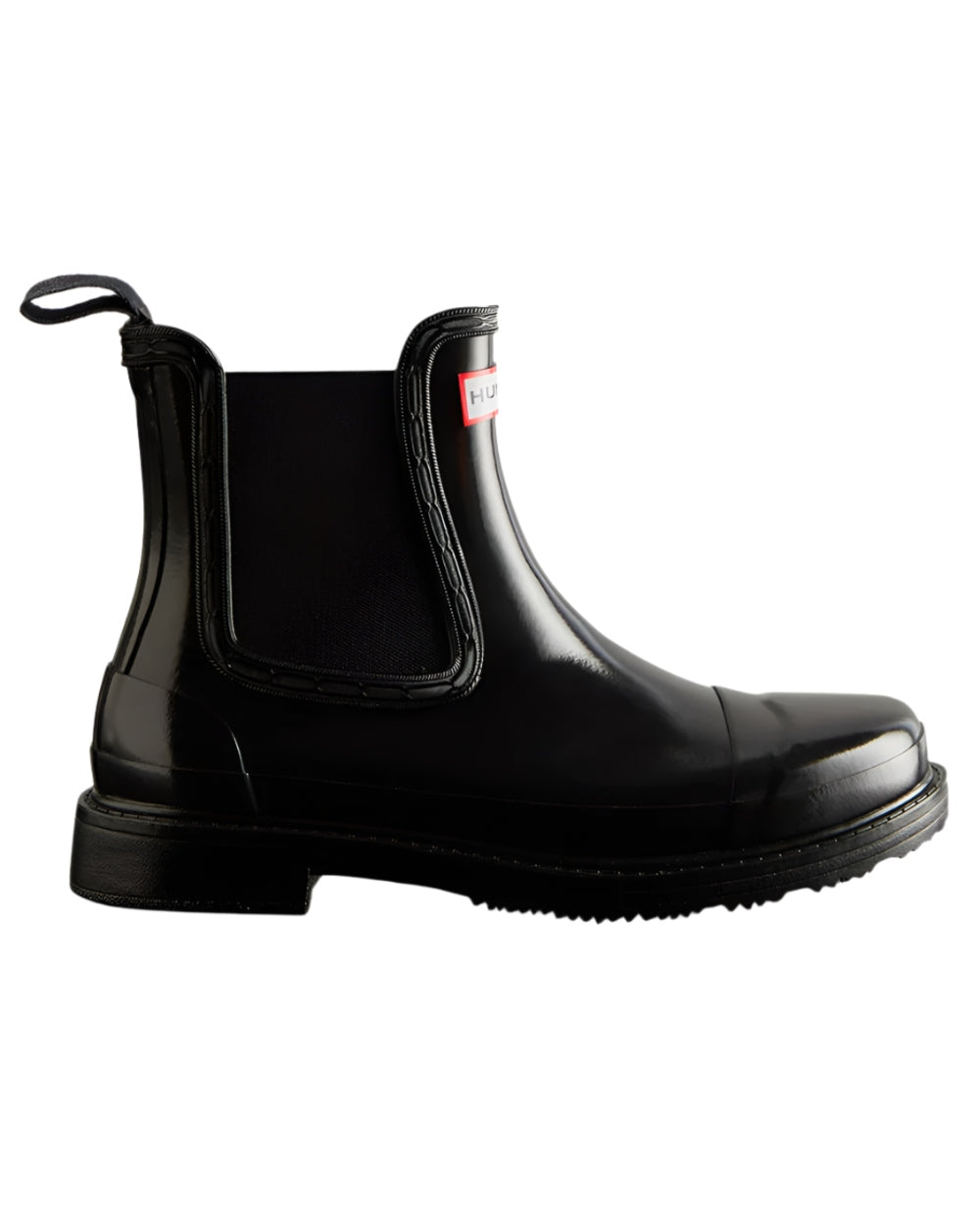 Black coloured Hunter Womens Commando Gloss Chelsea Boots on white background #colour_black