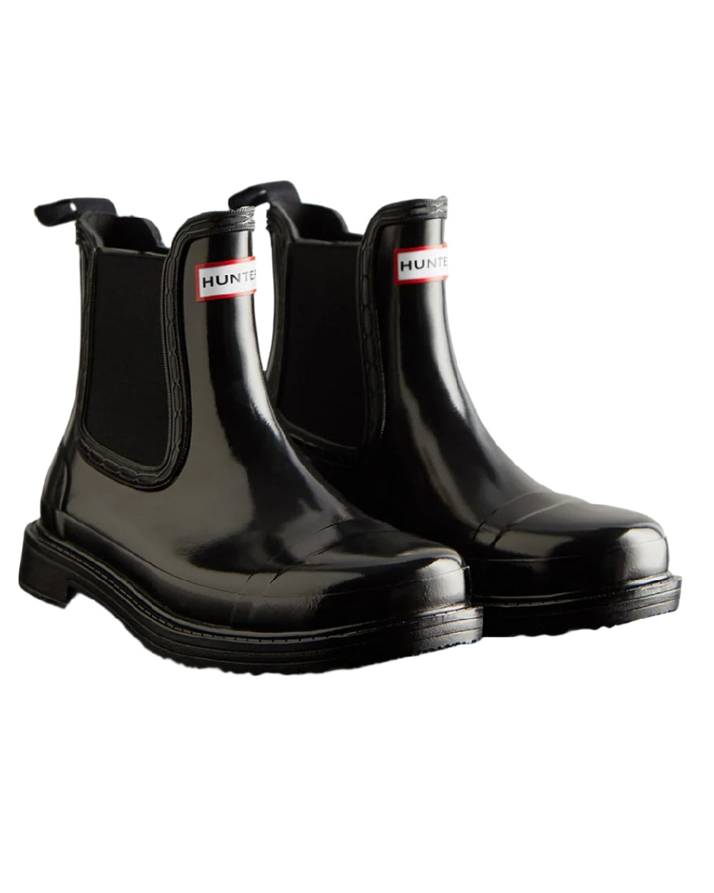 Black coloured Hunter Womens Commando Gloss Chelsea Boots on white background #colour_black