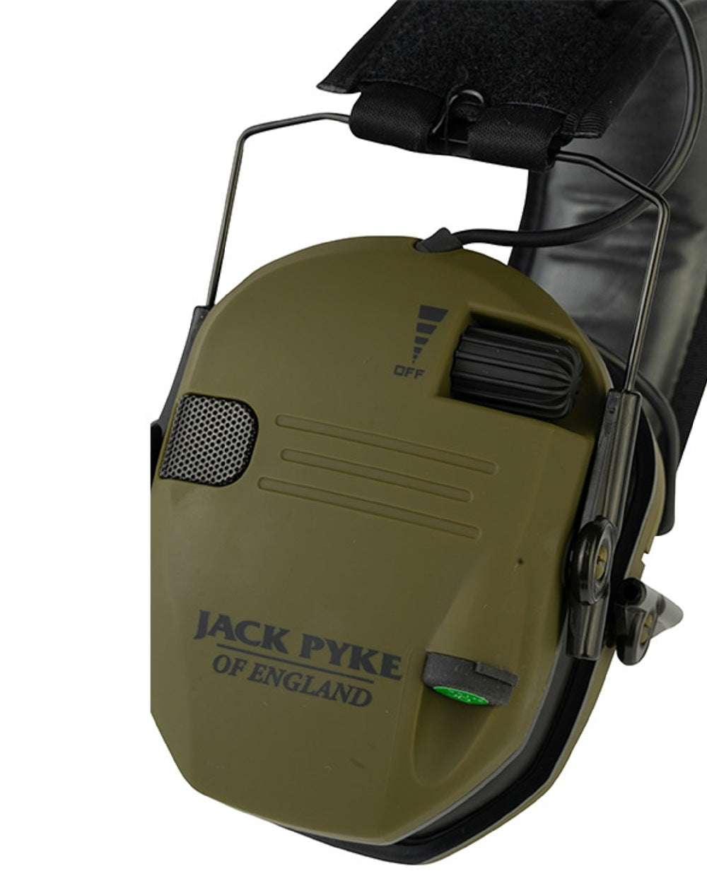 Green coloured Jack Pyke Electronic Ear Defenders on white background #colour_green