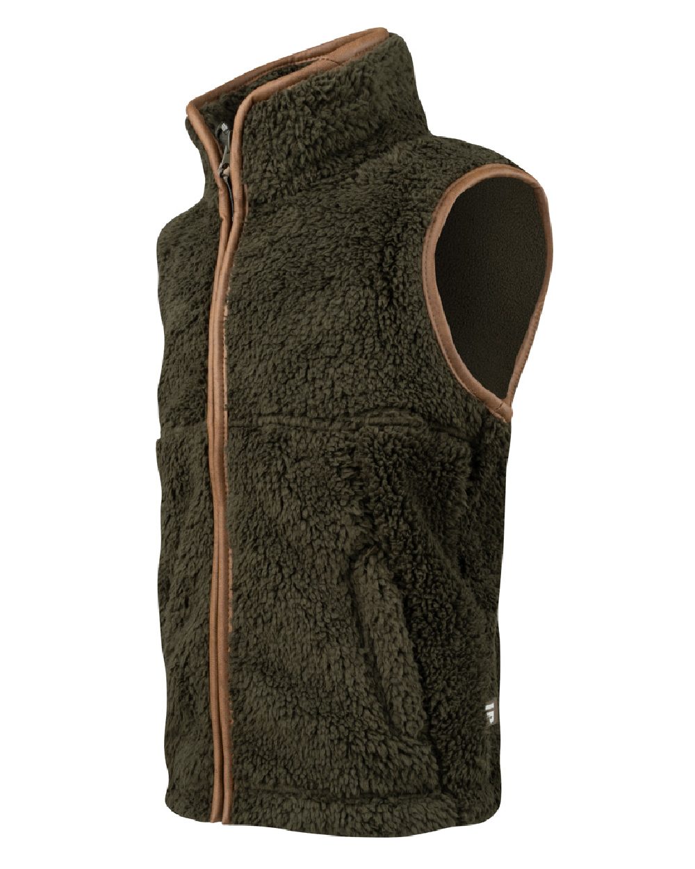Dark Olive coloured Jack Pyke Junior Sherpa Fleece Gilet on white background #colour_dark-olive