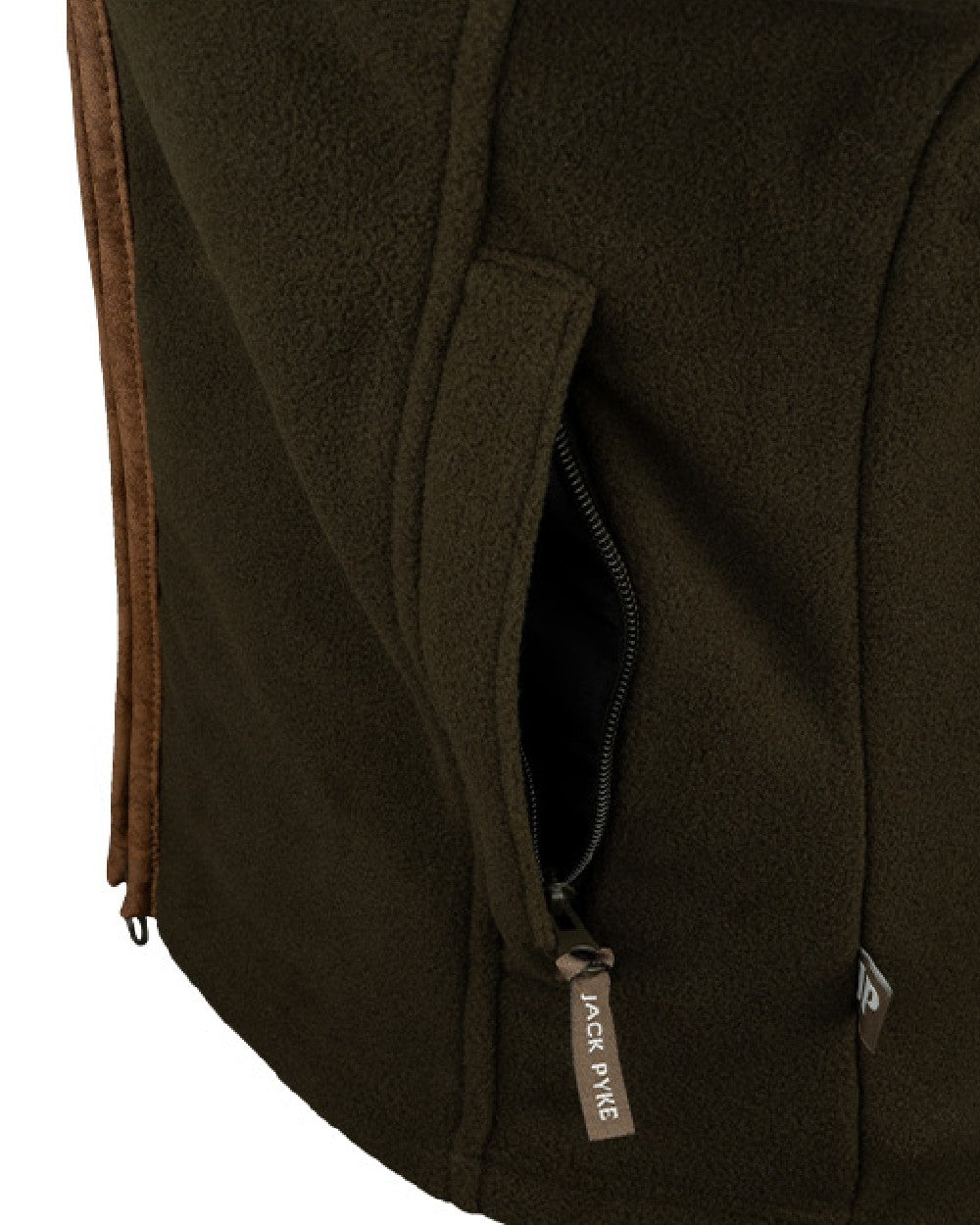 Dark Olive coloured Jack Pyke Ladies Countryman Fleece Gilet on white background #colour_dark-olive