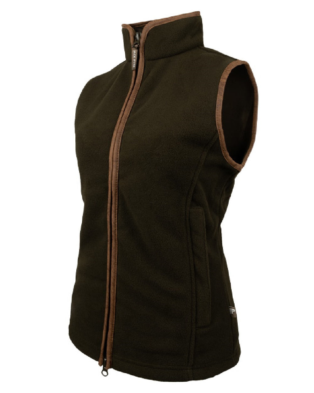 Dark Olive coloured Jack Pyke Ladies Countryman Fleece Gilet on white background #colour_dark-olive