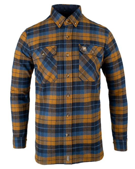 Navy Russet coloured Jack Pyke Mens Bleasdale Heavy Flannel Shirt on white background #colour_navy-russet