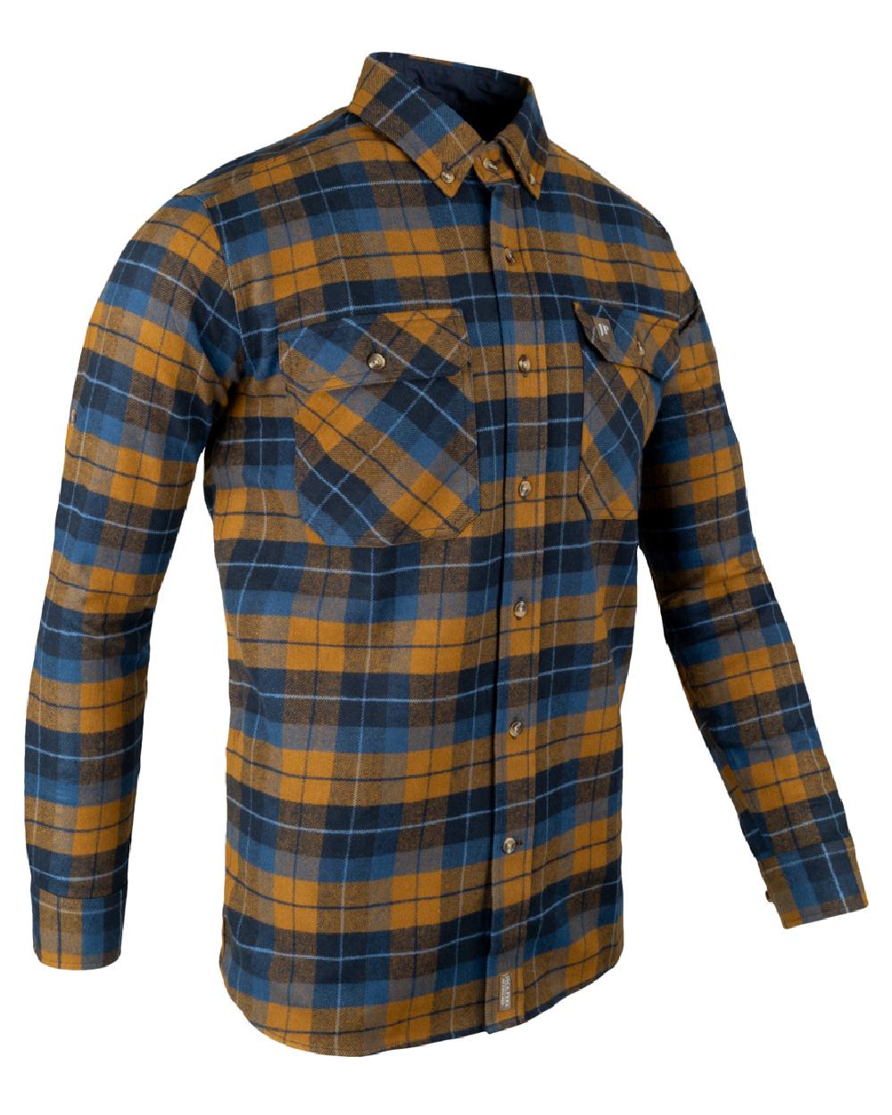 Navy Russet coloured Jack Pyke Mens Bleasdale Heavy Flannel Shirt on white background #colour_navy-russet