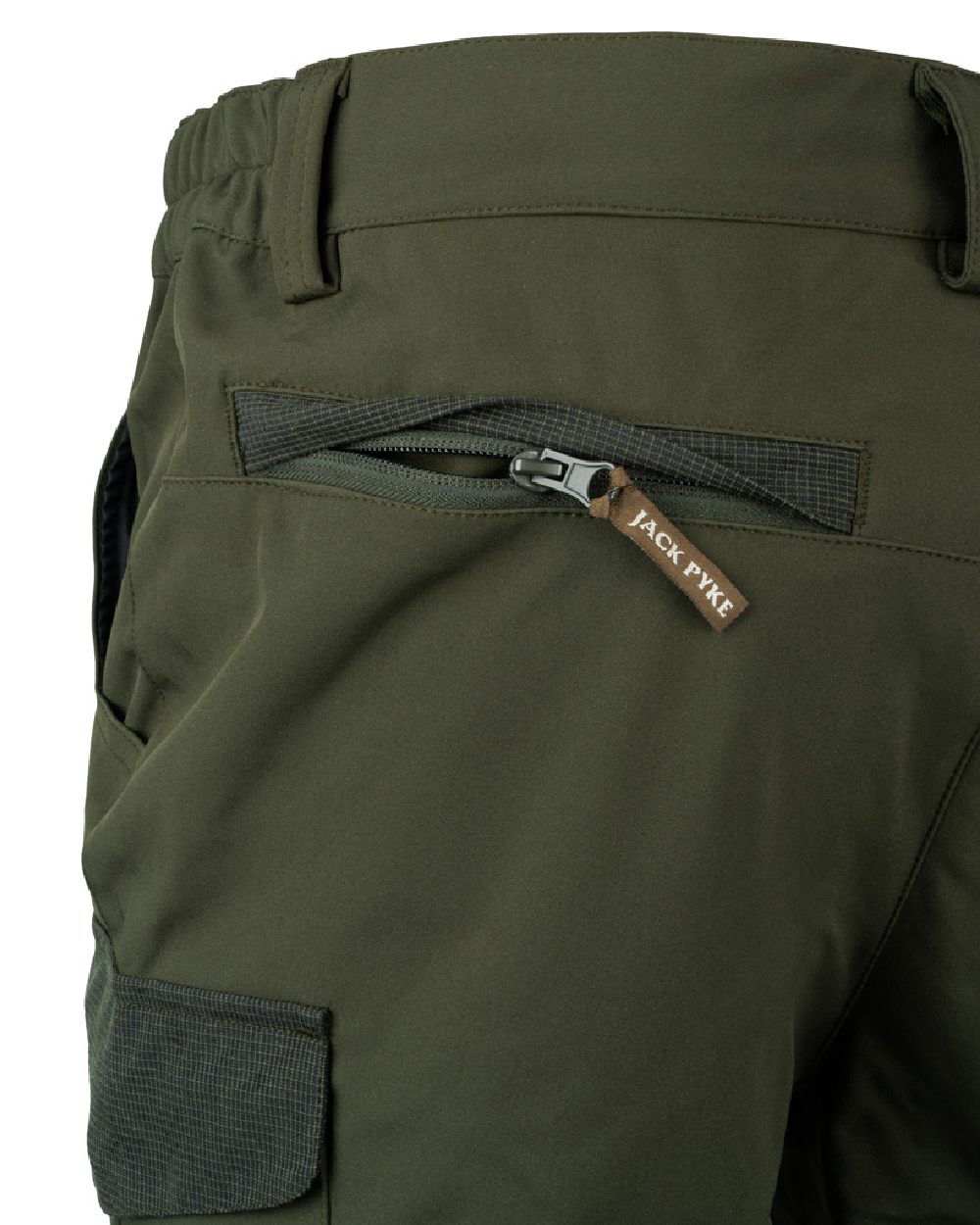 Green coloured Jack Pyke Softshell Trousers on white background #colour_green