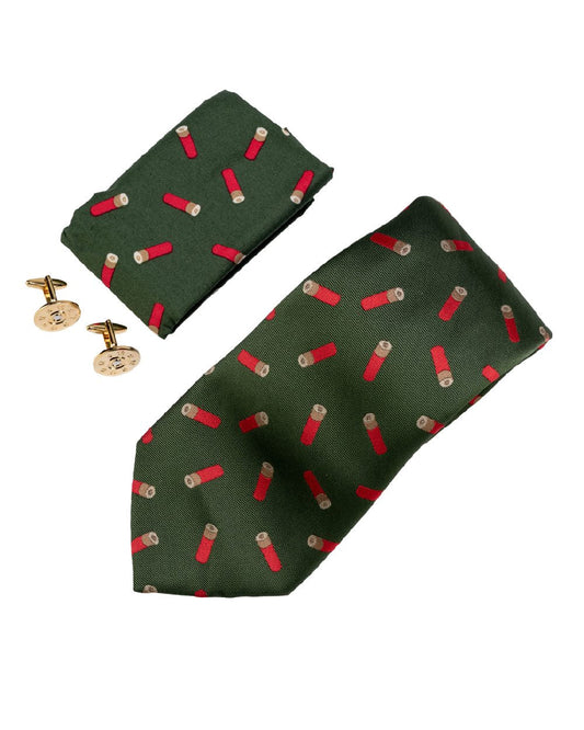 Green coloured Jack Pyke Tie, Hanky and Cufflinks Gift Set Cartridge on white background #colour_green