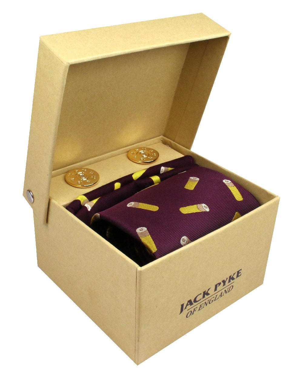 Wine coloured Jack Pyke Tie, Hanky and Cufflinks Gift Set Cartridge on white background #colour_wine