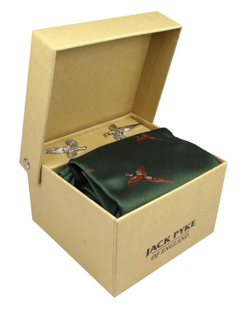 Green coloured Jack Pyke Tie, Hanky and Cufflinks Gift Set Pheasant on white background #colour_green