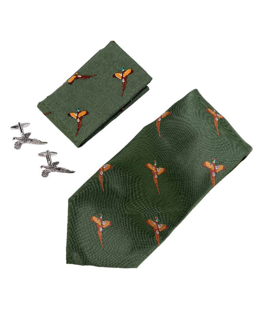Green coloured Jack Pyke Tie, Hanky and Cufflinks Gift Set Pheasant on white background #colour_green