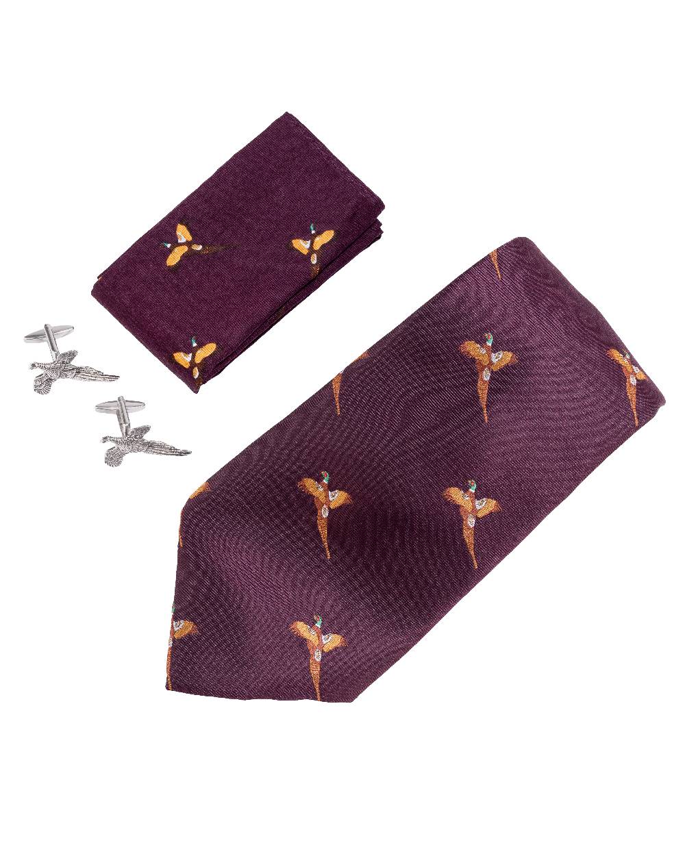 Wine coloured Jack Pyke Tie, Hanky and Cufflinks Gift Set Pheasant on white background #colour_wine