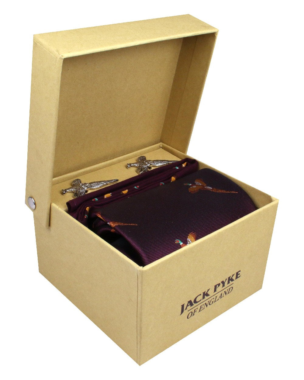 Wine coloured Jack Pyke Tie, Hanky and Cufflinks Gift Set Pheasant on white background #colour_wine