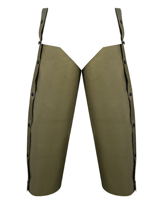 Dark Olive coloured Jack Pyke Waterproof Chaps on white background #colour_dark-olive