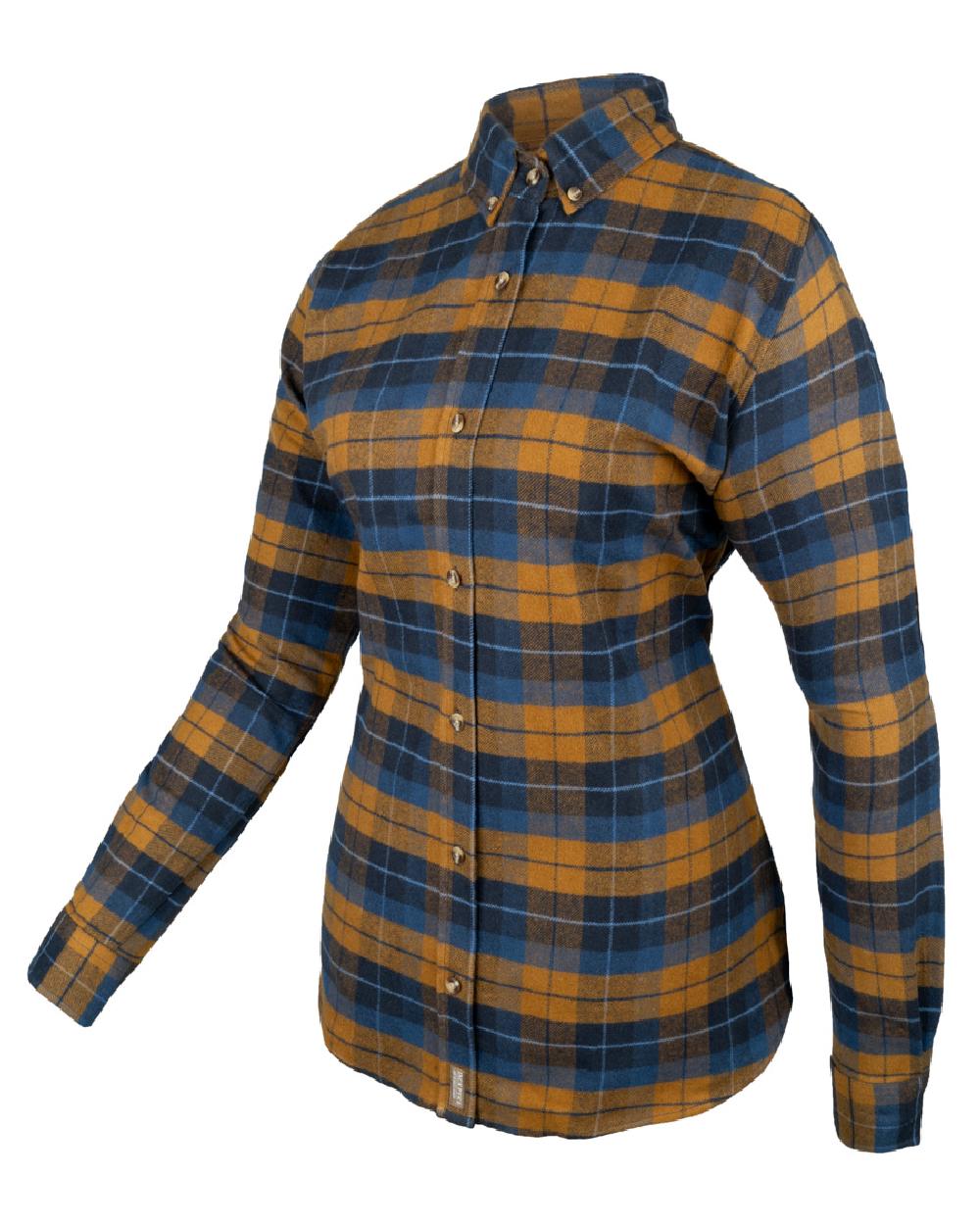 Navy Russet coloured Jack Pyke Womens Bleasdale Heavy Flannel Shirt on white background #colour_navy-russet