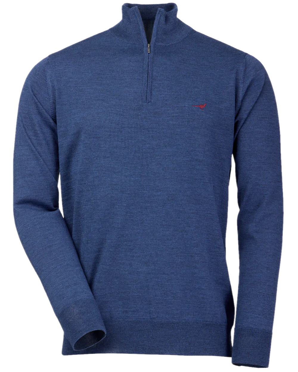 Corn Blue Coloured Laksen Norfolk Zip Neck Merino Sweater on white background #colour_corn-blue