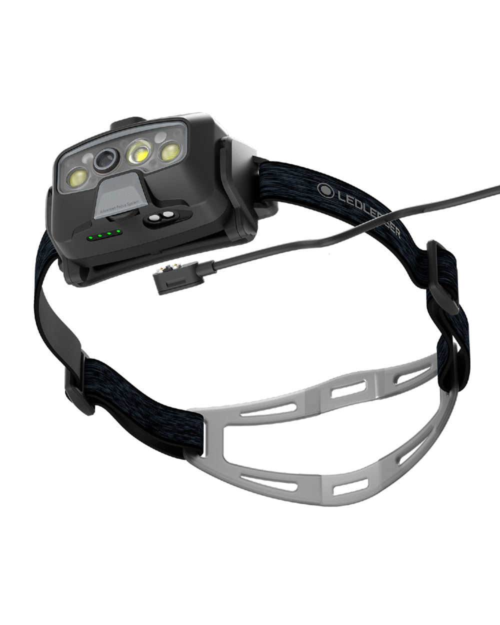 Black coloured Led Lenser HF8R Core Rechargeable Head Torch on white background #colour_black