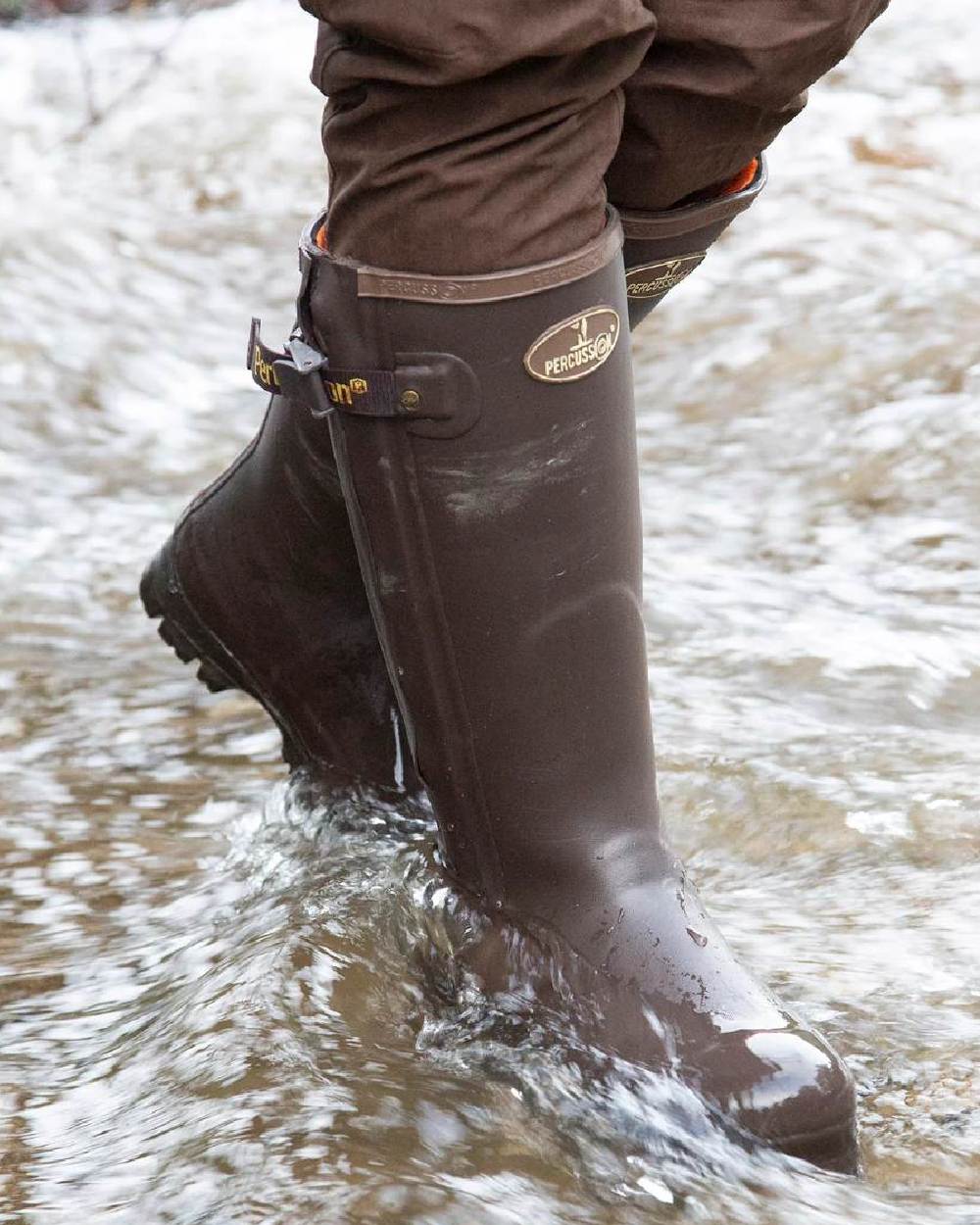 Brown coloured Percussion Rambouillet Full Zip Wellington Boots on water background #colour_brown