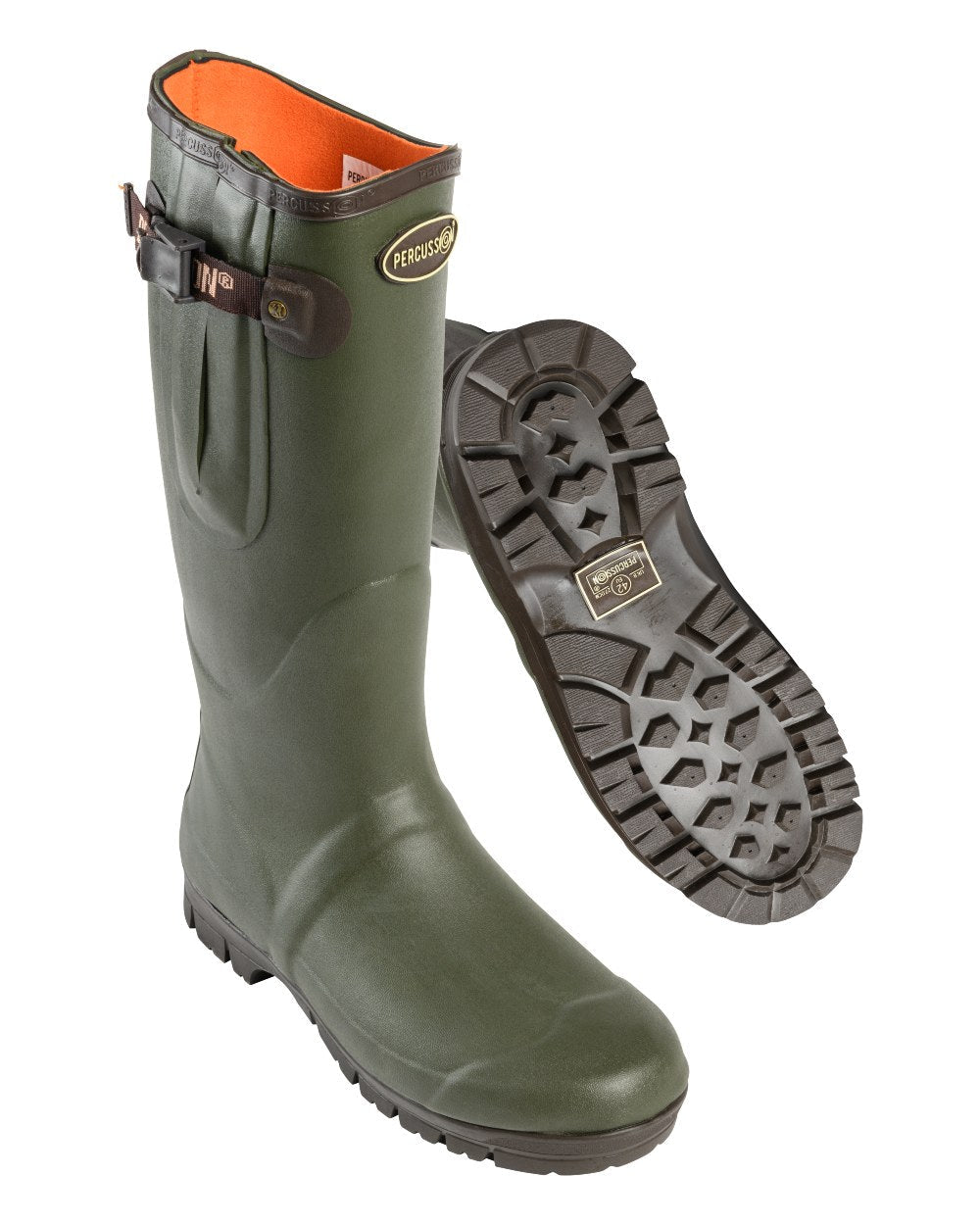Khaki coloured Percussion Sologne Neoprene Wellington Boots on white background #colour_khaki