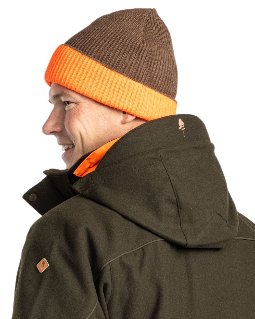 Mossgreen Orange Coloured Pinewood Smaland Reversible Hunters Hat on white background #colour_mossgreen-orange