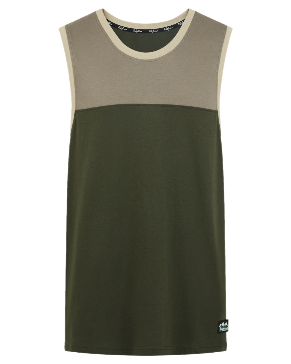 Olive Multi coloured Ridgeline Backslider Singlet Top on white background #colour_olive-multi