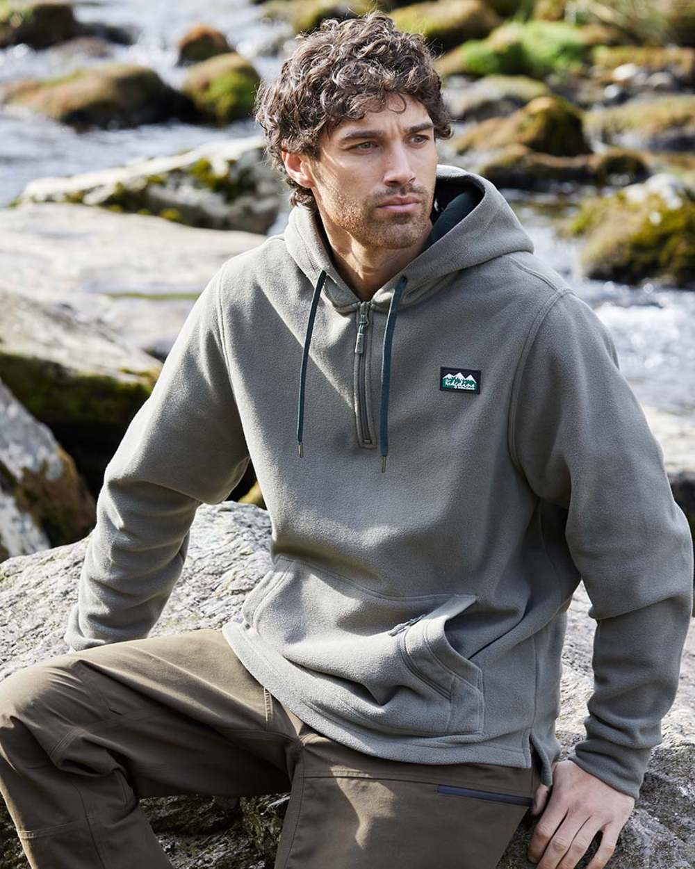 Smokey Olive Coloured Ridgeline Ballistic Hoodie On A lake Background #colour_smokey-olive