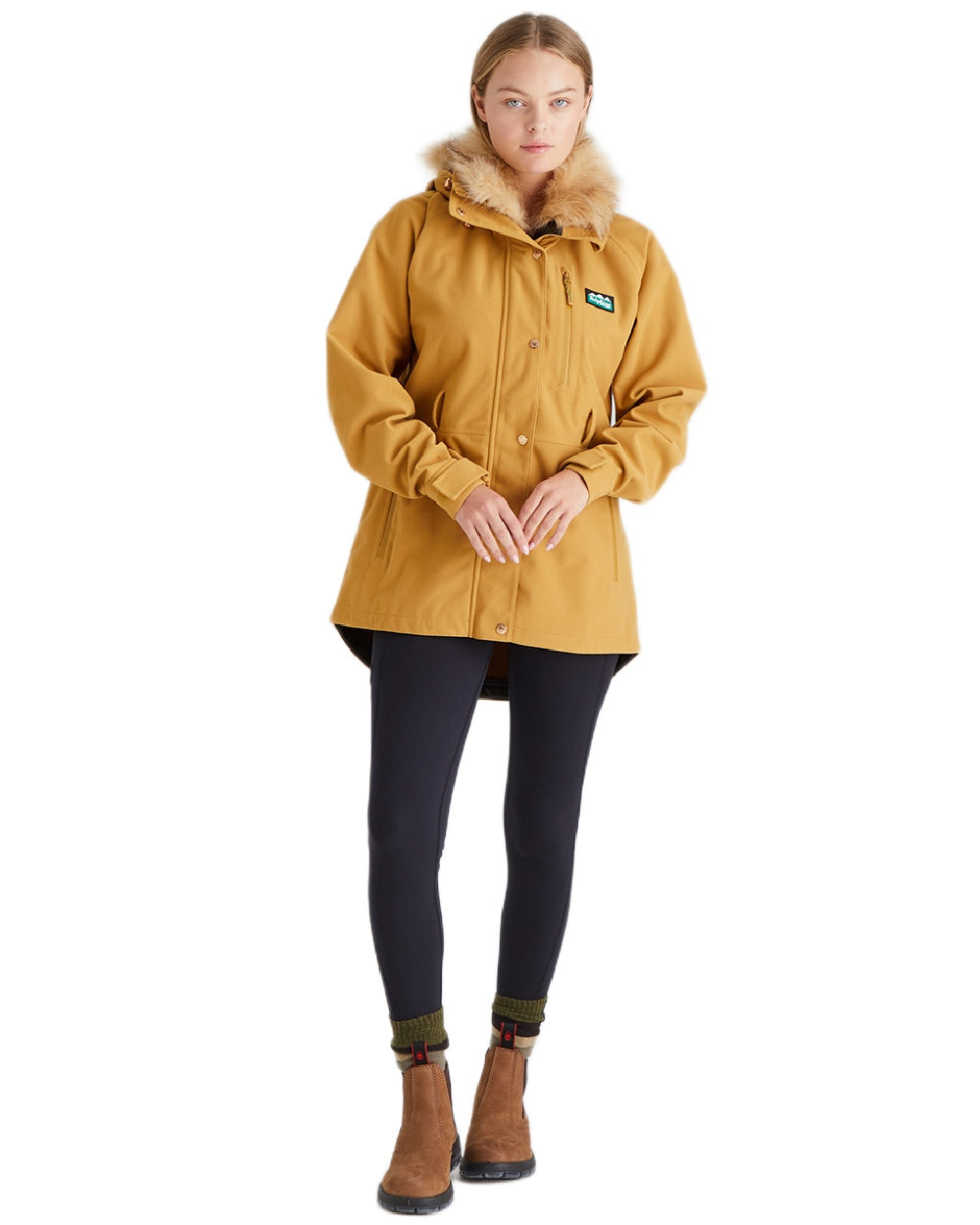 Ochre Coloured Ridgeline Ladies Monsoon Nordic Jacket on white background #colour_ochre