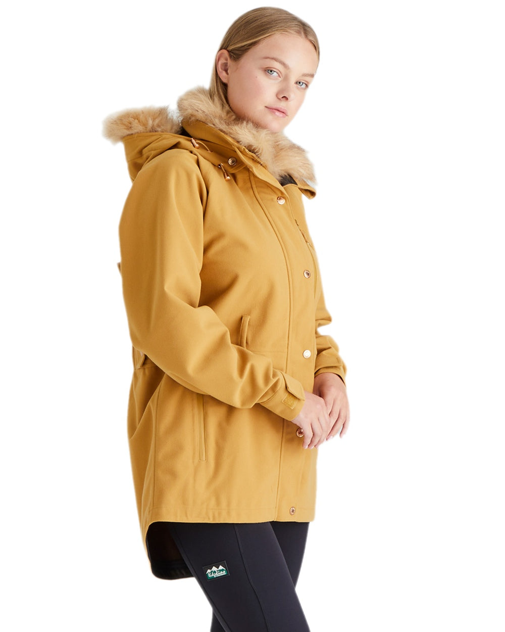 Ochre Coloured Ridgeline Ladies Monsoon Nordic Jacket on white background #colour_ochre