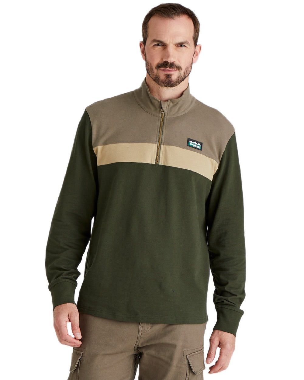 Olive Multi coloured Ridgeline Mens Backslider Rugby Top on white background #colour_olive-multi