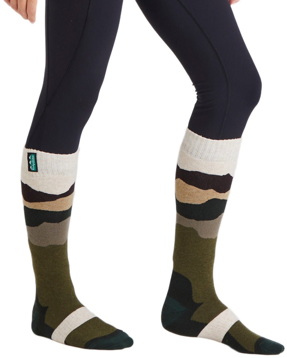 Olive Stripes Coloured Ridgeline Merino Wool Full Length Socks on white background #colour_olive-stripes
