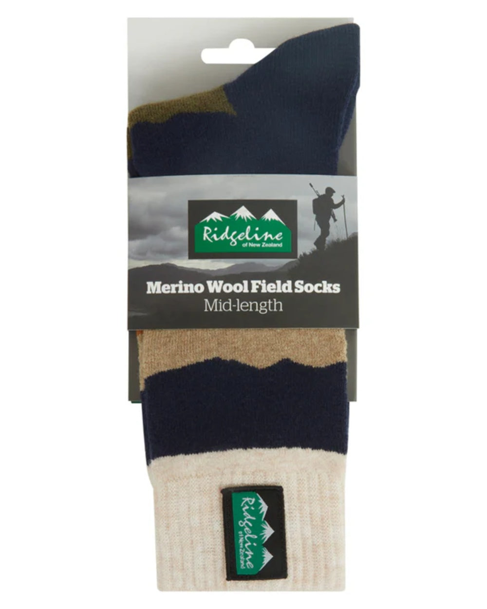 Navy Stripes coloured Ridgeline Merino Wool Mid Length Socks on white background #colour_navy-stripes