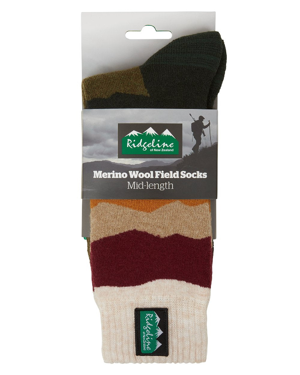 Berry stripes coloured Ridgeline Merino Wool Socks Mid Length on white background #colour_berry-stripes