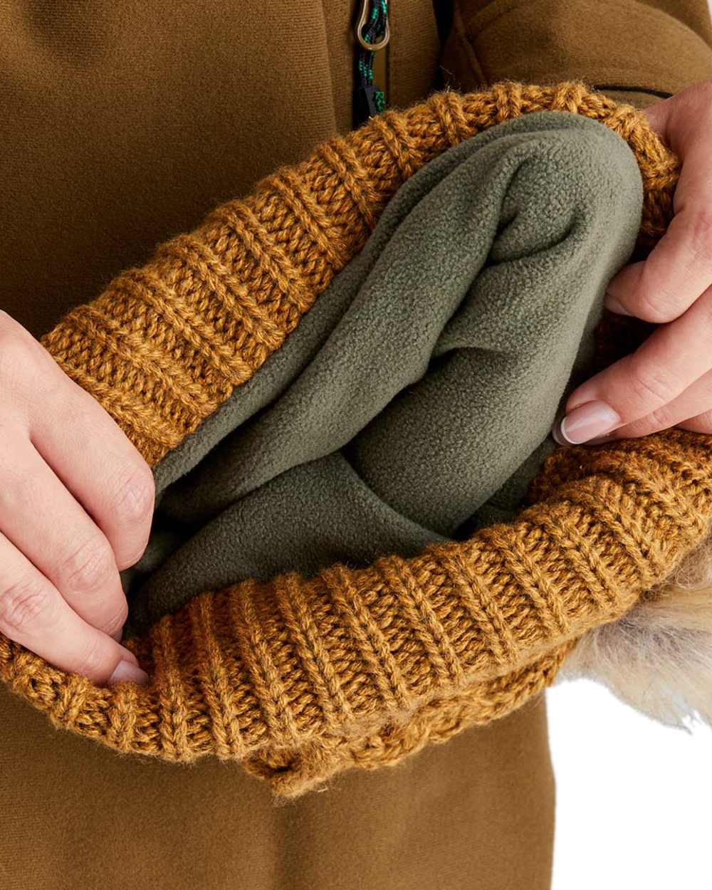 Ochre Coloured Ridgeline Nordic Fleck Bobble Hat on white background #colour_ochre