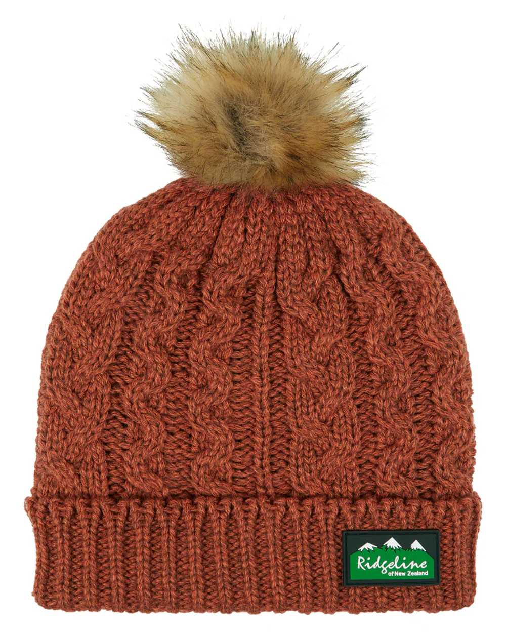 Russet coloured Ridgeline Nordic Fleck Bobble Hat on white background #colour_russet