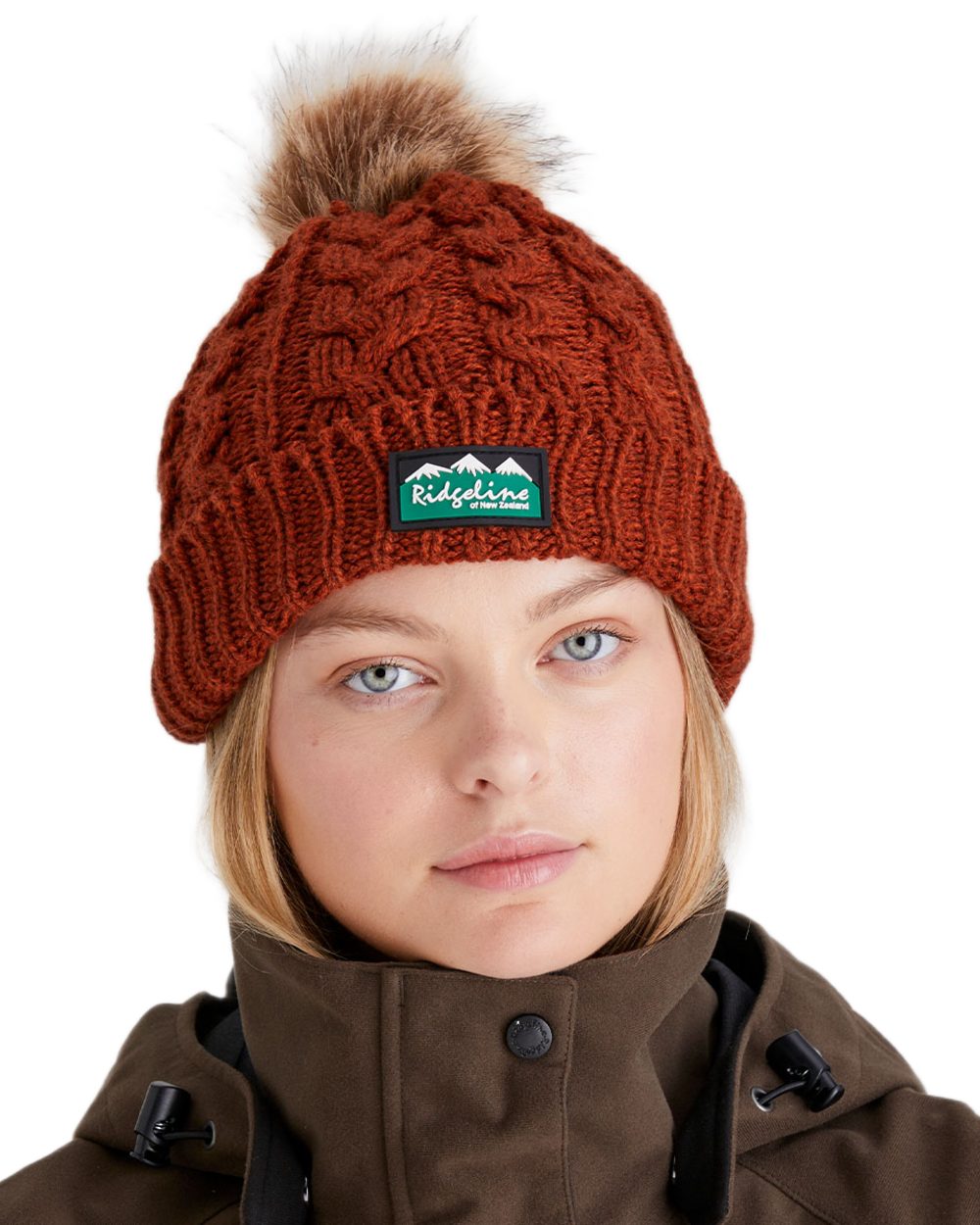 Russet Coloured Ridgeline Nordic Fleck Bobble Hat on white background #colour_russet