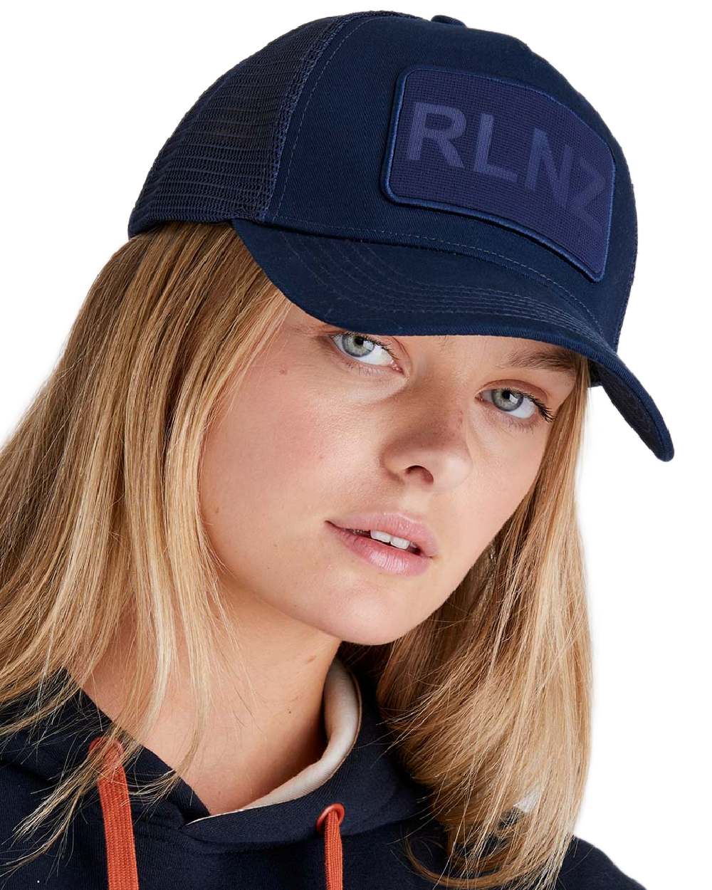 Navy Coloured Ridgeline RLNZ Trucker Cap on white background #colour_navy