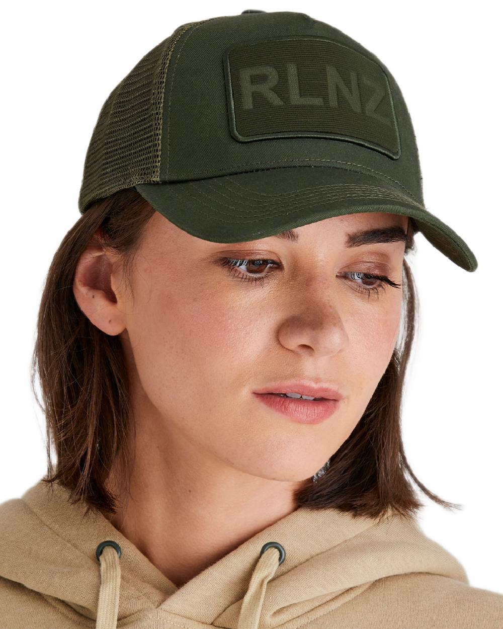 Olive Coloured Ridgeline RLNZ Trucker Cap on white background #colour_olive