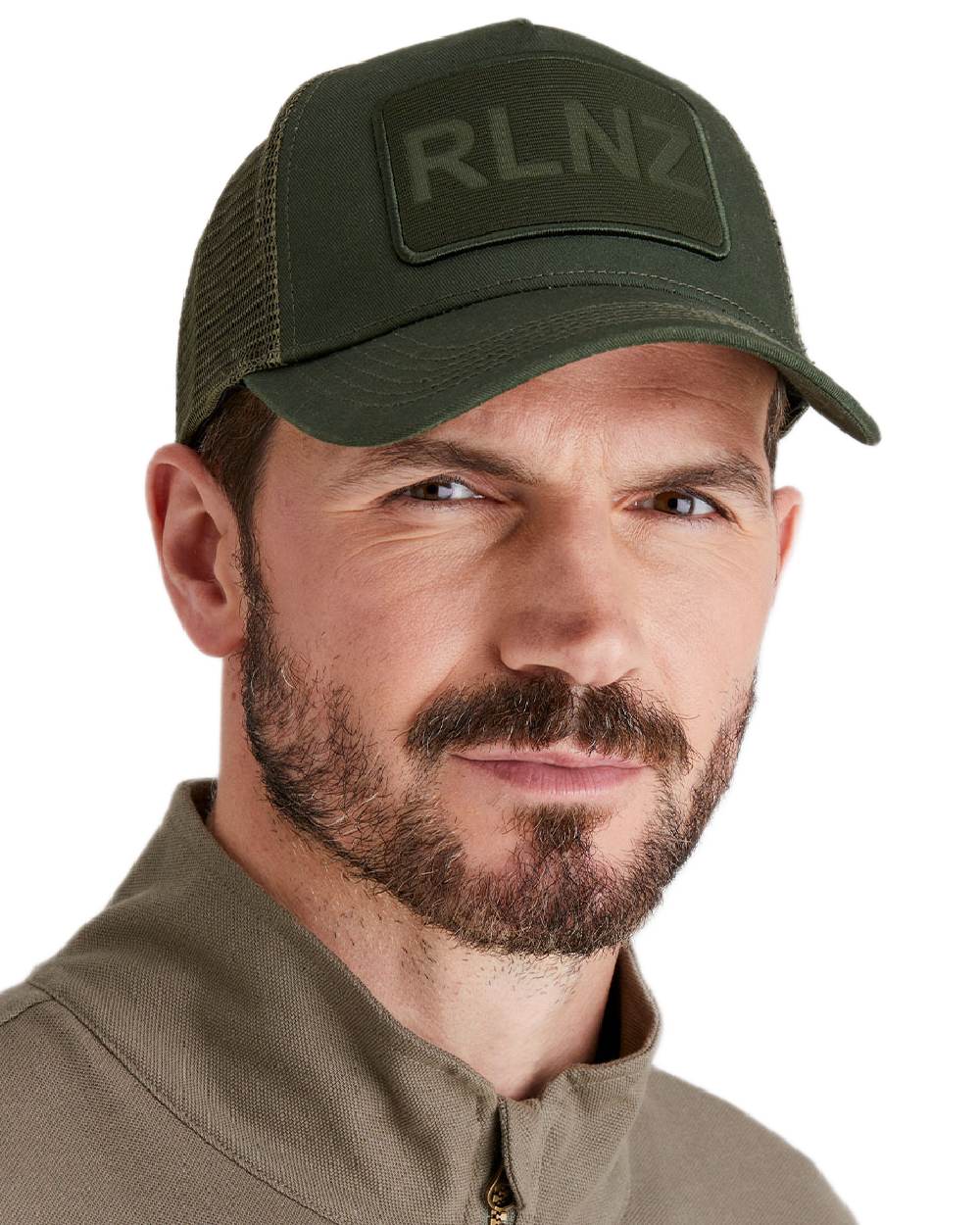 Olive Coloured Ridgeline RLNZ Trucker Cap on white background #colour_olive