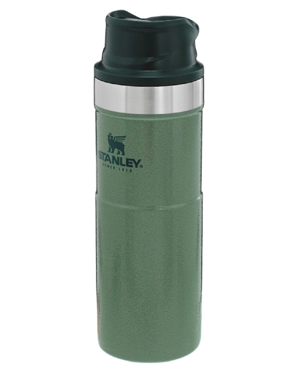 Hammertone Green coloured Stanley Classic Trigger Action Travel Mug 0.47L on white background #colour_hammertone-green