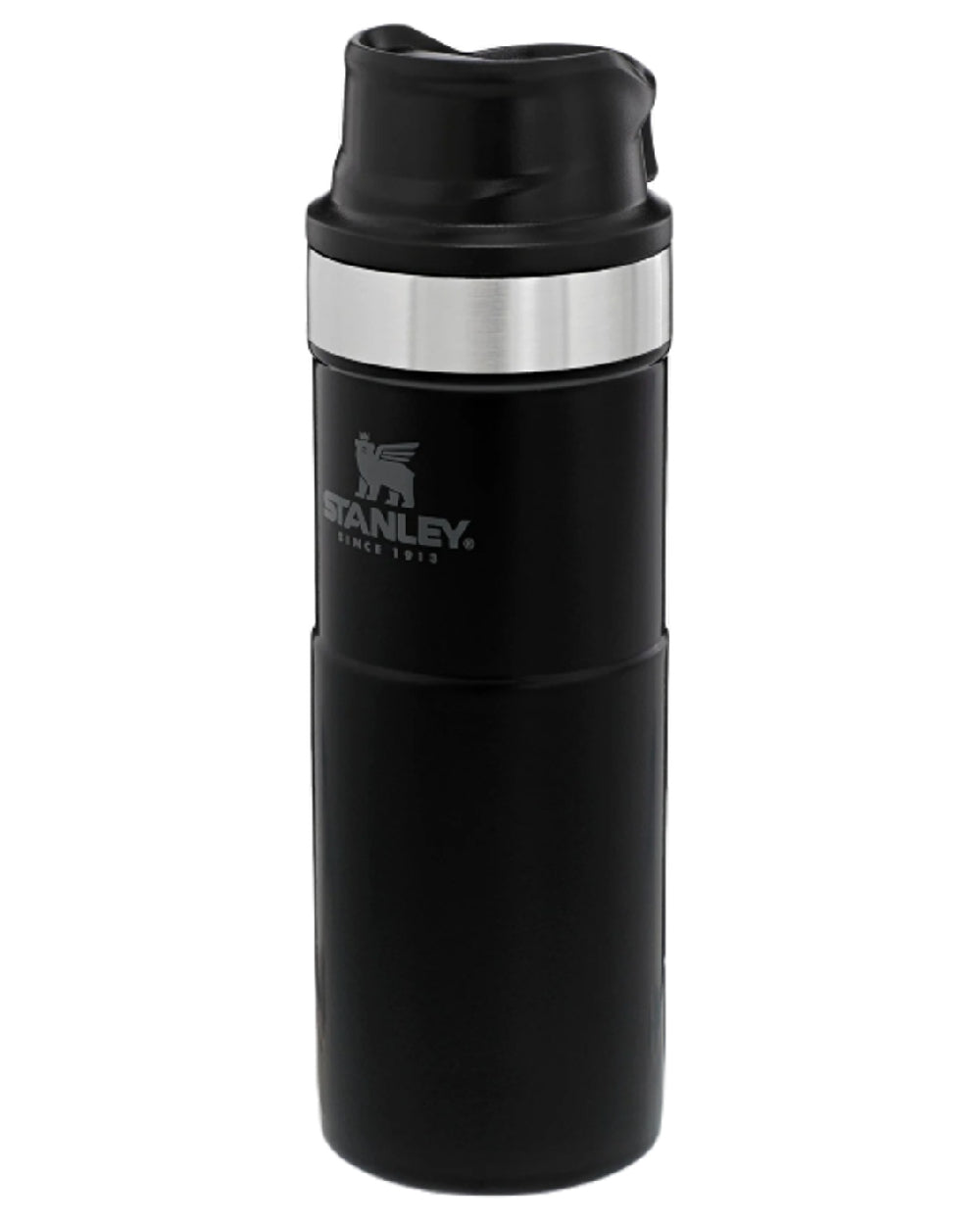 Matte Black coloured Stanley Classic Trigger Action Travel Mug 0.47L on white background #colour_matte-black