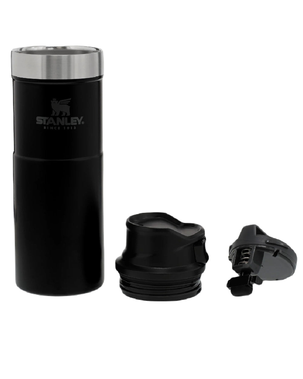 Matte Black coloured Stanley Classic Trigger Action Travel Mug 0.47L on white background #colour_matte-black