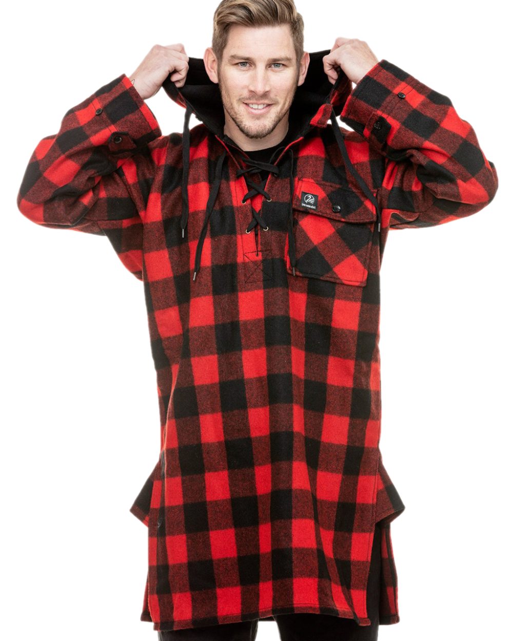 Red Black Check Coloured Swanndri Mens Original Wool Bushshirt With Lace-Up Front on white background #colour_red-black-check