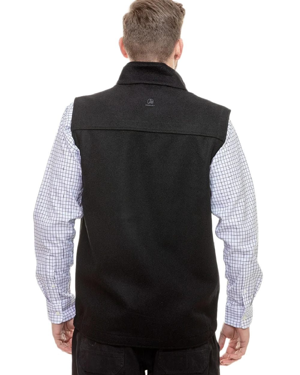 Black Coloured Swanndri Mens Saddleback Wool Vest on white background #colour_black